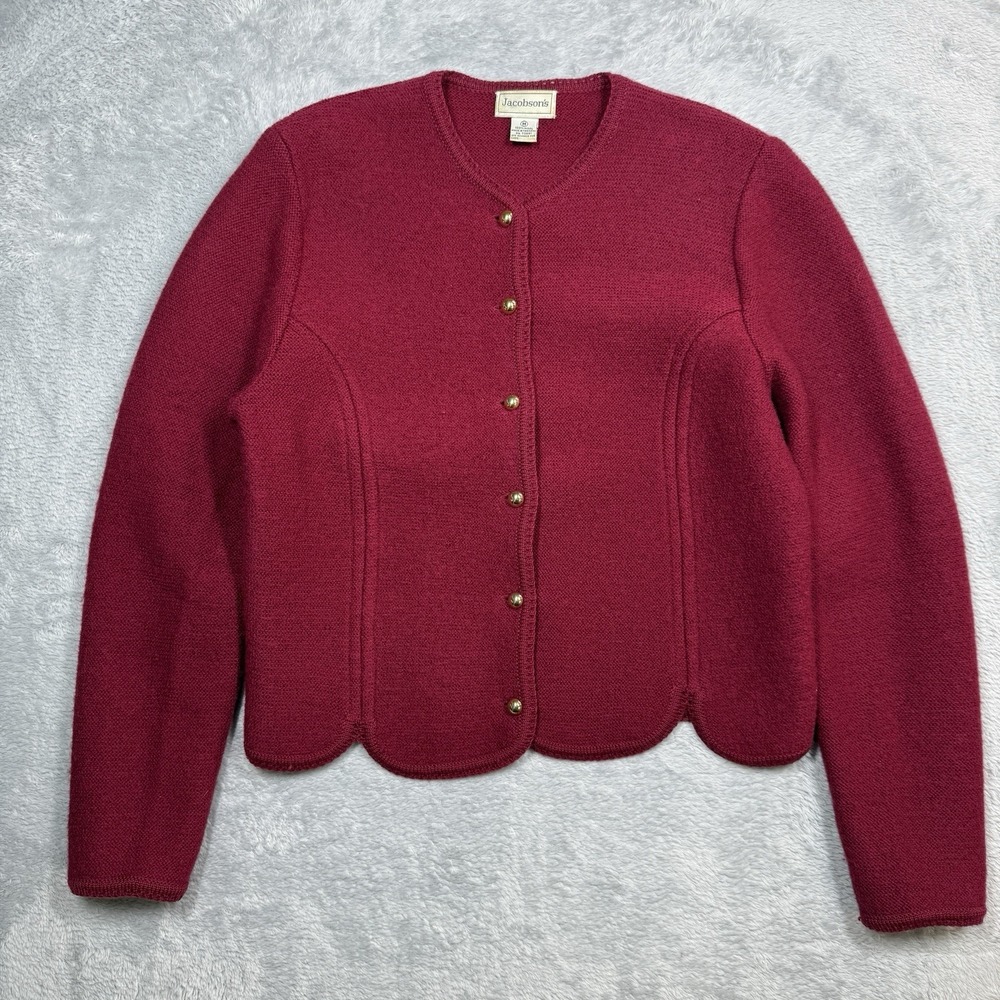 Jacobson's‎ Cardigan Sweat Jacket Women Medium Red Gold Buttons Scalloped 90s